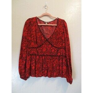 Knox Rose Women’s L Red Boho Floral Peasant Top Long Sleeve V-Neck Blouse Sheer